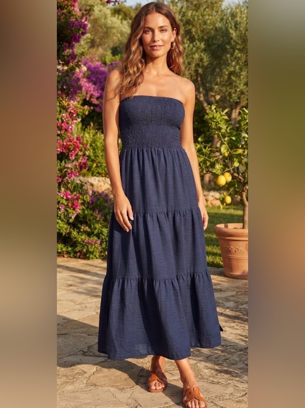 Women’s Strapless Smocked Navy Maxi Dress Size XL